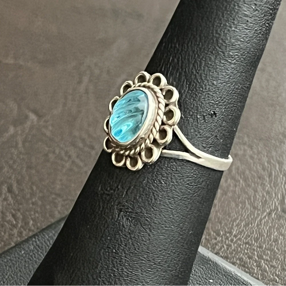 Vintage Taxco Mexico sterling silver carved glass ring Size 5.75